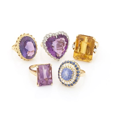 Lot 1338 - Five Gold, Diamond and Colored Stone Rings