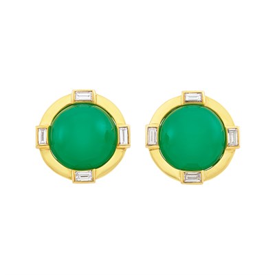 Lot 322 - Pair of High Karat Gold, Green Chrysoprase and Diamond Earclips, Bulgari