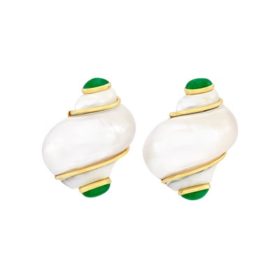 Lot 9 - Pair of Gold, Shell and Cabochon Emerald Earclips, Seaman Schepps