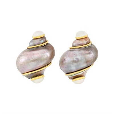 Lot 293 - Pair of Gold, Gray Shell and Moonstone Earclips, Seaman Schepps