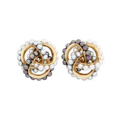 Lot 292 - Pair of Gold and Multicolored Cultured Pearl Earclips, Seaman Schepps