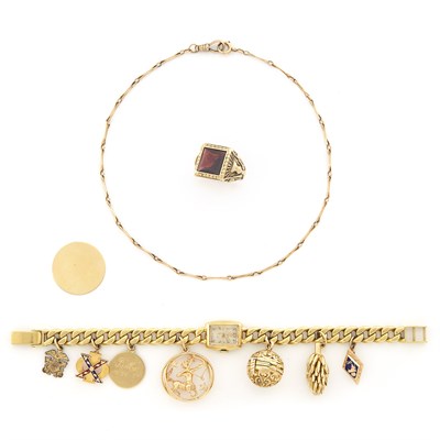 Lot 1109 - Gold and Low Karat Gold Charm Bracelet-Watch, Disc, Ring and Watch Chain