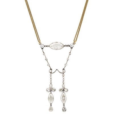 Lot 138 - Antique Gold, Platinum and Diamond Pendant with Double Strand Gold Chain