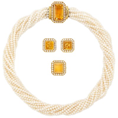 Lot 542 - Twelve Strand Freshwater Pearl, Gold, Citrine and Diamond Torsade Necklace, Pair of Earrings and Ring