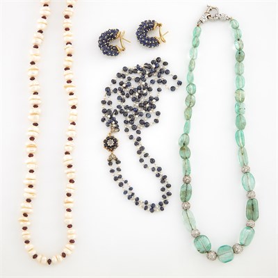 Lot 1376 - Three Pearl, Sapphire and Emerald Bead Necklaces and Pair of Earrings