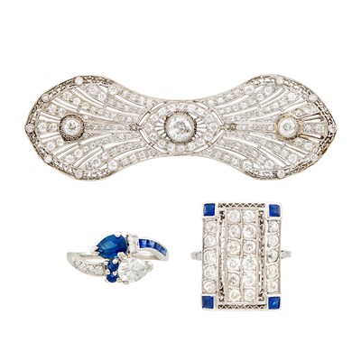 Lot 112 - Two Platinum, White Gold, Diamond and Sapphire Rings and Brooch