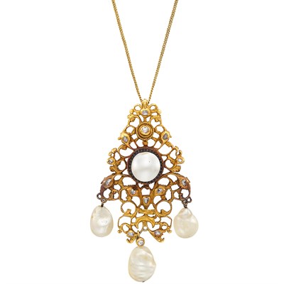 Lot 134 - Antique Gold, Silver, Button and Baroque Pearl and Diamond Pendant with Low Karat Gold Chain