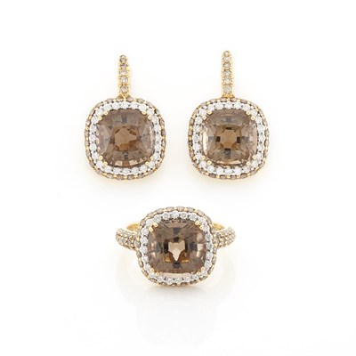 Lot 1370 - Pair of Gold, Smoky Quartz, Diamond and Brown Diamond Earrings and Ring
