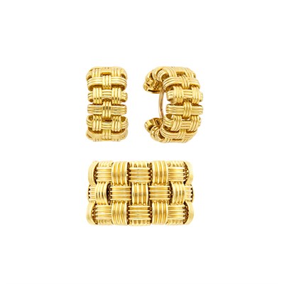 Lot 243 - Flexible Woven Gold Band Ring and Pair of Hoop Earrings, Roberto Coin