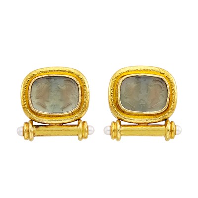 Lot 529 - Pair of Gold, Gray Glass Intaglio, Mother-of-Pearl and Cultured Pearl Earclips, Elizabeth Locke