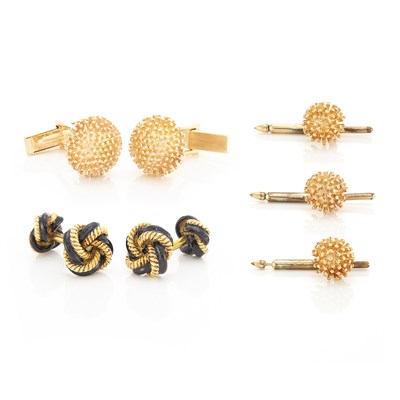 Lot 1654 - Pair of Gold and Black Enamel Knot Cufflinks, Tiffany & Co., and Gold Dress Set