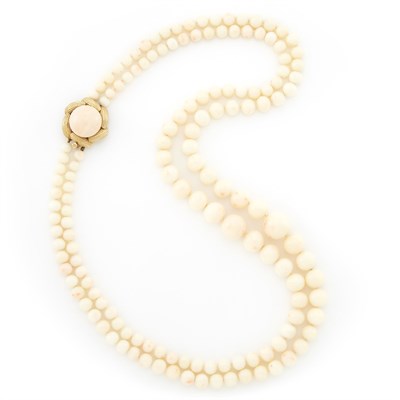 Lot 1148 - Double Strand Angel Skin Coral Bead Necklace with Gold and Coral Clasp
