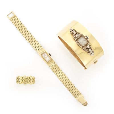 Lot 1445 - Gold Cuff Bangle-Watch and Wristwatch