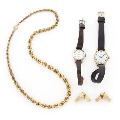 Lot 1421 - Chain Necklace, Pair of Bow Earrings and Three Wristwatches, Mido, Timex and Cartier