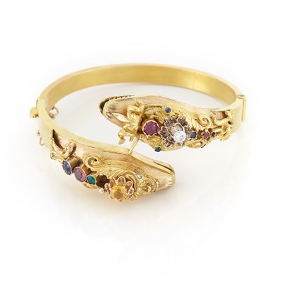 Lot 336 - Low Karat Gold, Diamond and Gem-Set Crossover Snake Bangle Bracelet