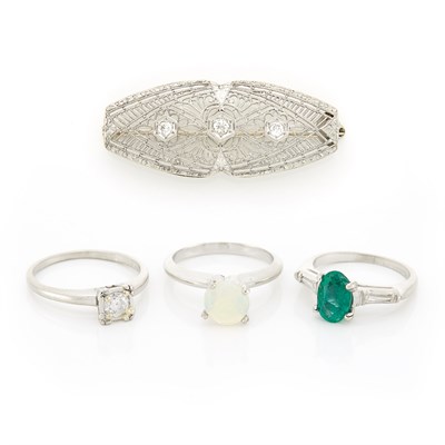 Lot 1416 - Platinum, White Gold, Gem-Set and Diamond Brooch and Three Rings