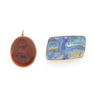 Lot 1392 - Gold and Opal Enhancer and Gold and Carnelian Intaglio Seal Charm