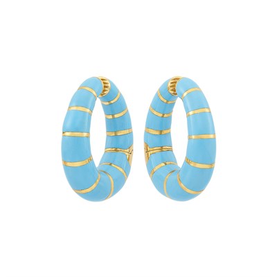 Lot 26 - Pair of Gold and Turquoise Enamel Hoop Earclips, Bulgari
