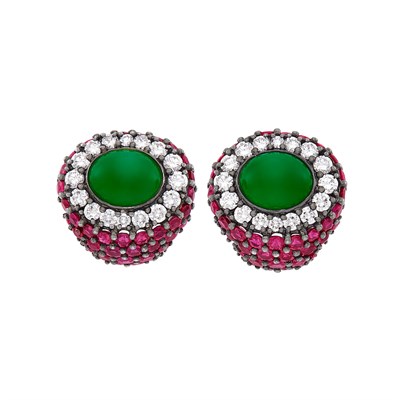 Lot 264 - Pair of Blackened Gold, Jade, Diamond and Ruby Earrings