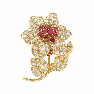 Lot 208 - Gold, Ruby and Diamond Flower Clip-Brooch, René Boivin, France