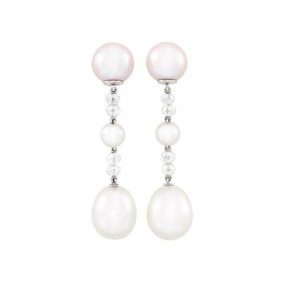 Lot 125 - Pair of White Gold, Cultured Pearl and Diamond Bead Pendant-Earrings, Chaumet, Paris