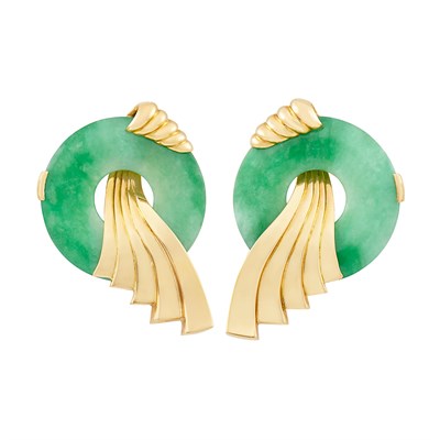 Lot 167 - Pair of Gold and Jade Earclips, France