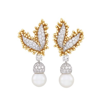 Lot 367 - Pair of Gold, Platinum, Cultured Pearl and Diamond Pendant-Earclips