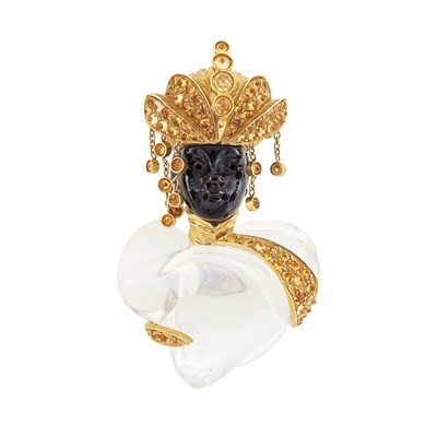Lot 71 - Gold, Carved Moonstone and Orange Sapphire Blackamoor Clip, Nardi
