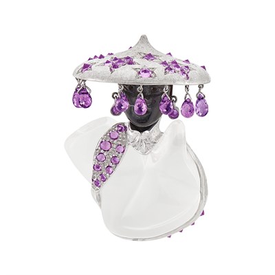Lot 134 - White Gold, Carved Moonstone and Pink Sapphire Blackamoor Clip, by Nardi
