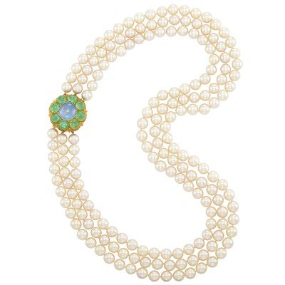 Lot 301 - Long Triple Strand Cultured Pearl Necklace with Two-Color Gold and Cabochon Sapphire and Emerald Clasp, Buccellati