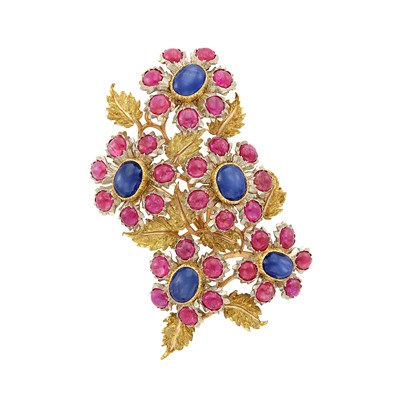 Lot 316 - Two-Color Gold, Cabochon Sapphire and Ruby Floral Clip-Brooch, Buccellati