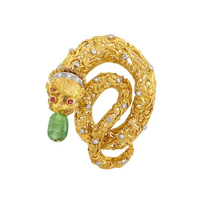 Lot 304 - Two-Color Gold, Diamond, Emerald Bead and Ruby Chimera Clip-Brooch, Ilias Lalaounis