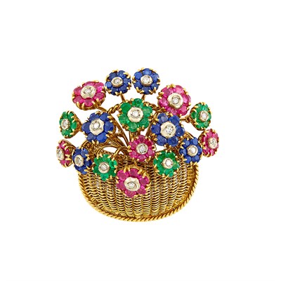 Lot 217 - Gold, Gem-Set and Diamond Flower Basket Brooch, Tiffany & Co.