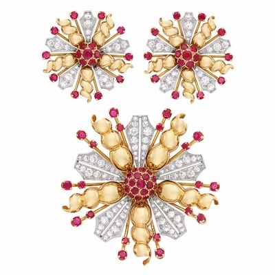 Lot 215 - Gold, Platinum, Ruby and Diamond Clip-Brooch and Pair of Earclips