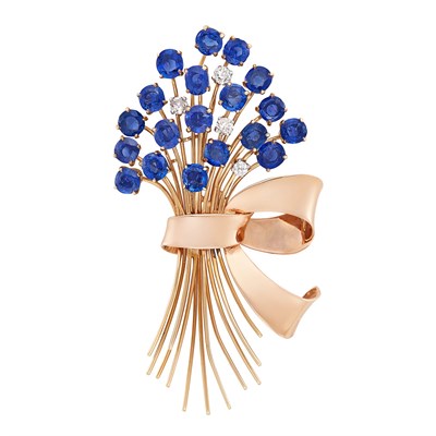 Lot 218 - Two-Color Gold, Sapphire and Diamond Clip, Black, Starr & Gorham
