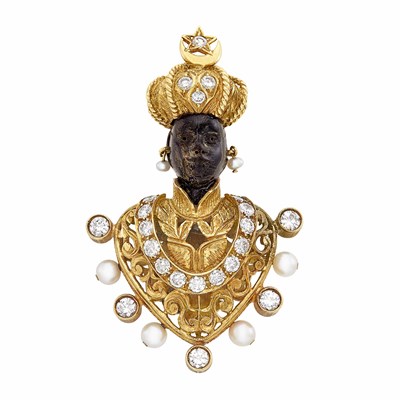 Lot 43 - Gold, Diamond, Cultured Pearl and Garnet Blackamoor Clip-Brooch, Nardi