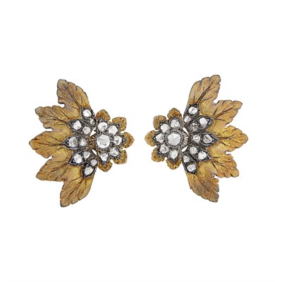 Lot 310 - Pair of Gold, Silver and Diamond Flower Earclips, Mario Buccellati