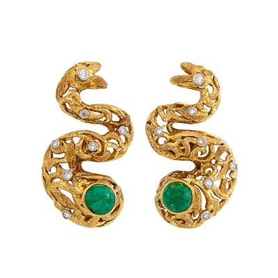 Lot 163 - Pair of Gold, Cabochon Emerald and Diamond Serpent Earclips, Zolotas