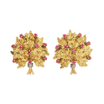 Lot 318 - Pair of Tricolor Gold and Ruby Bouquet Earclips, Buccellati