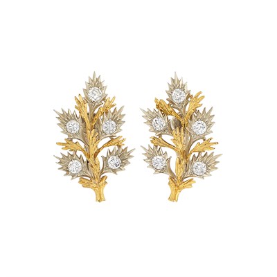 Lot 313 - Pair of Two-Color Gold and Diamond Leaf Earclips, Buccellati