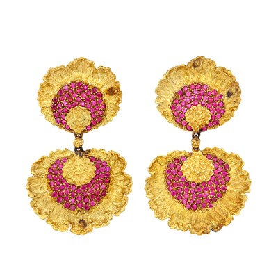Lot 311 - Pair of Gold and Ruby Pendant-Earclips, Buccellati