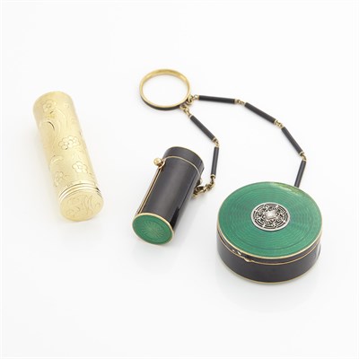 Lot 322 - Antique Green Guilloché and Black Enamel and Diamond Compact and Lipstick Holder with Ring Chain and Gold Lipstick Holder