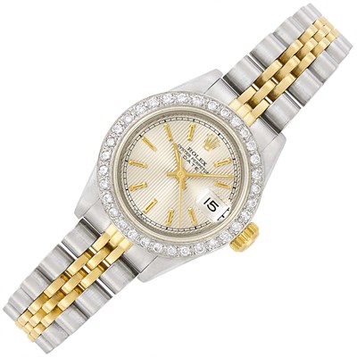 Lot 202 - Stainless Steel, Gold and Diamond 'Oyster Perpetual Date' Wristwatch, Rolex, Ref. 69000A