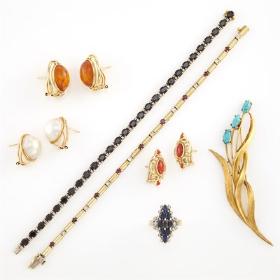 Lot 1322 - Gold, Sapphire, Ruby, Turquoise, Mabé Pearl, Coral, Amber and Diamond Bracelets, Ring, Three Pairs of Earrings and Brooch