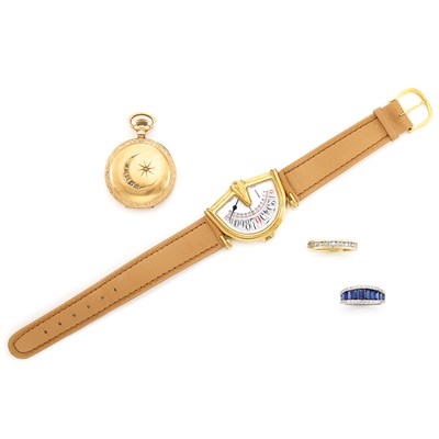 Lot 1495 - Gold Hunting Case Pocket Watch, Elgin, Wristwatch, Tourneau, Gold and Diamond Band Ring and White Gold, Sapphire and Diamond Ring