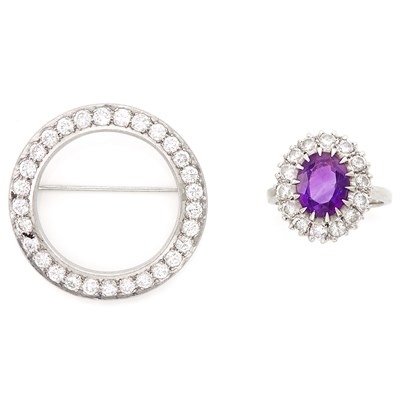 Lot 1295 - Platinum and Diamond Circle Pin and White Gold, Amethyst and Diamond Ring