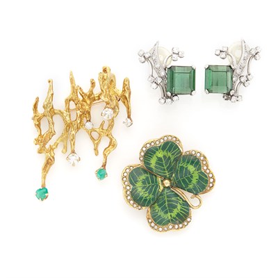 Lot 1237 - Gold, Diamond and Cabochon Emerald Brooch, Enamel Clover Brooch and Pair of White, Gold, Tourmaline and Diamond Earclips