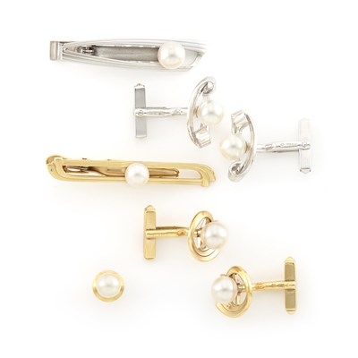 Lot 1658 - Group of Yellow and White Gold and Cultured Pearl Gentleman's Cufflinks, Stud and Tie Bars, Mikimoto