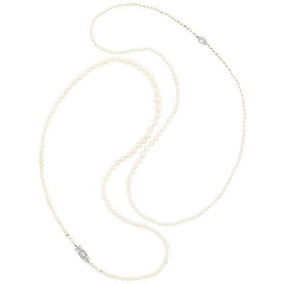 Lot 110 - Natural Pearl Necklace with Platinum and Diamond Clasp, Cartier, and Cultured Pearl Necklace with Platinum and Diamond Clasp