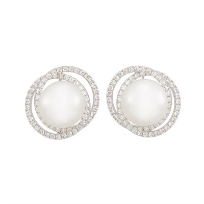 Lot 118 - Pair of White Gold, South Sea Cultured Pearl and Diamond Earclips